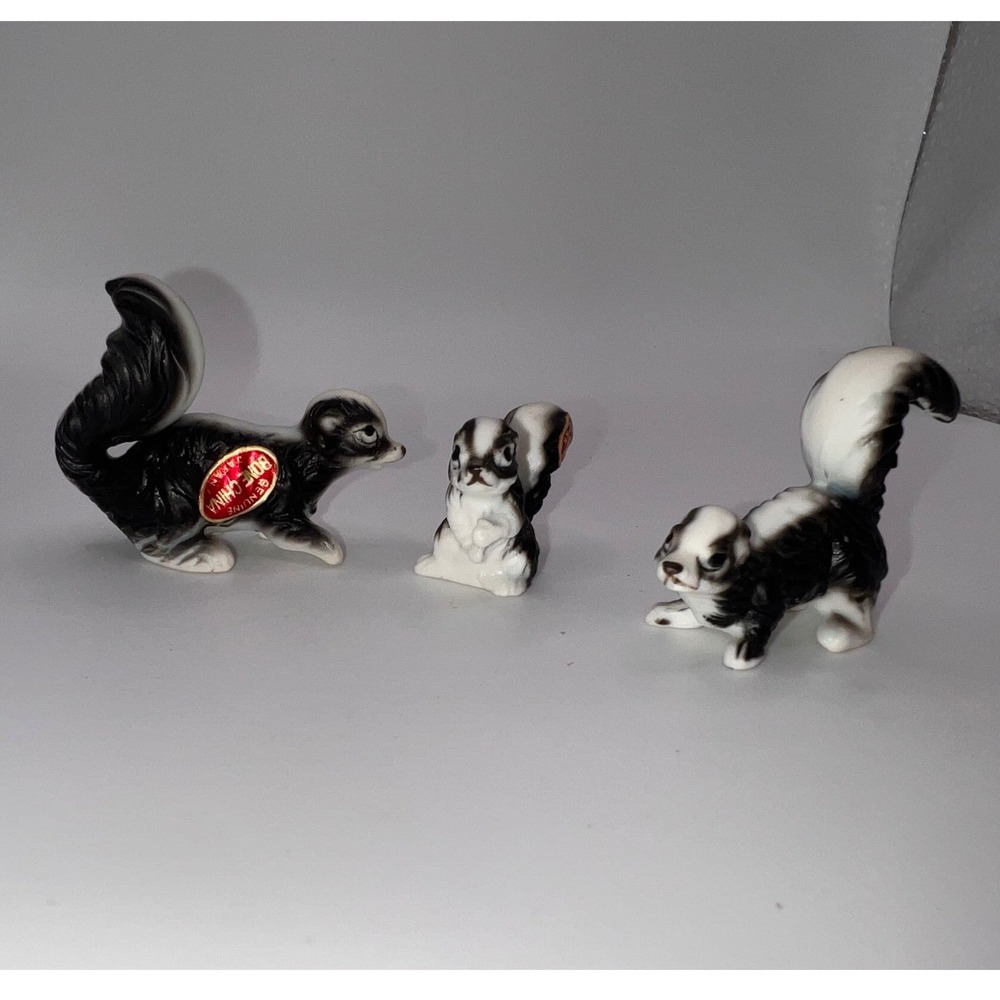 Vintage Miniature Bone China Japan Family of Skunks Trinket Shelf Wild Animals